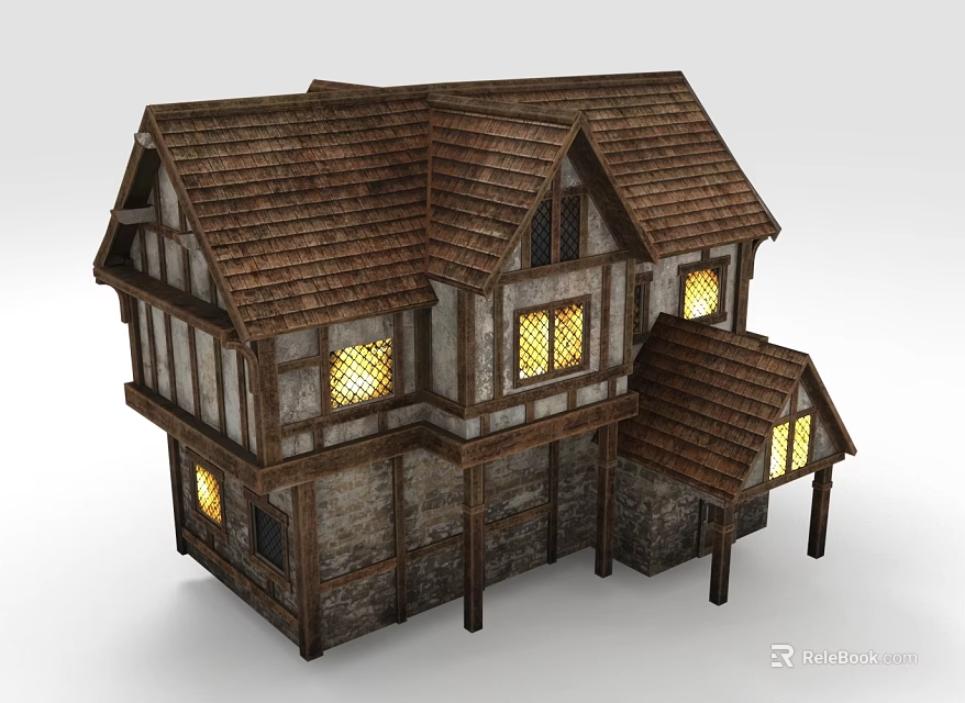Medieval Style House Featuring Wooden Frame Stone Walls Brown Roof Tiles And Lit Windows 3d model 