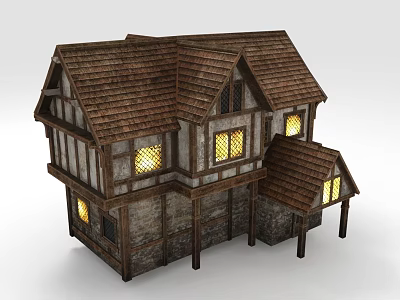 Medieval Style House Featuring Wooden Frame Stone Walls Brown Roof Tiles And Lit Windows 3d model