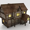 Medieval Style House Featuring Wooden Frame Stone Walls Brown Roof Tiles And Lit Windows