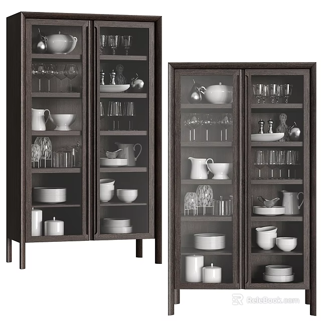 Elegant Dark Wood Sideboard With Glass Doors Displaying Dinnerware And Glassware 3d model 