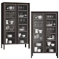 Elegant Dark Wood Sideboard With Glass Doors Displaying Dinnerware And Glassware