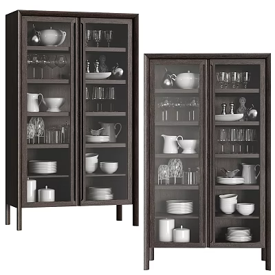 Elegant Dark Wood Sideboard With Glass Doors Displaying Dinnerware And Glassware 3d model