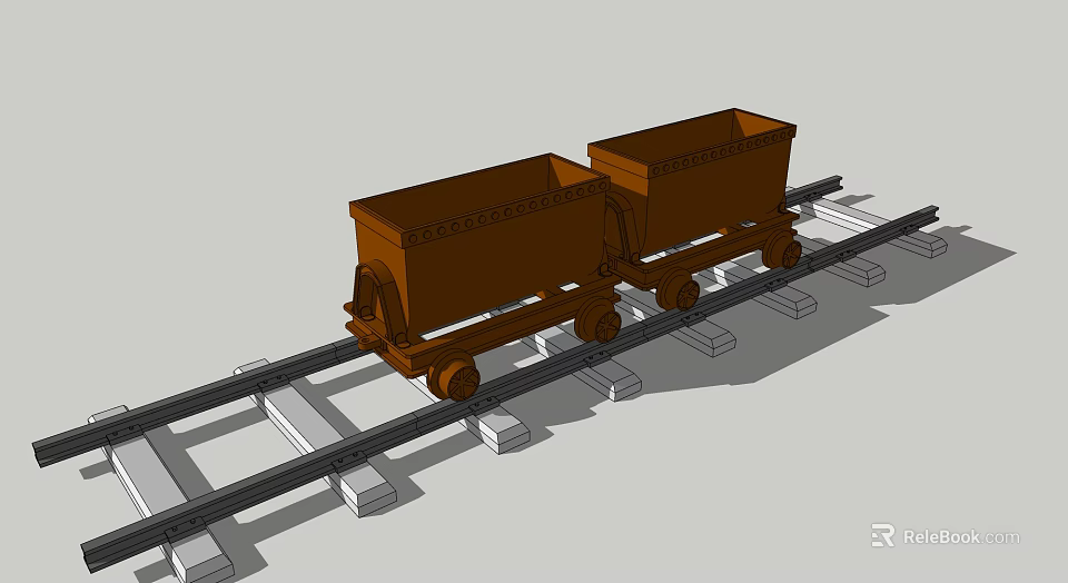 Vintage Brown Mine Carts On Metal Rail Tracks With White Sleepers 3d model 