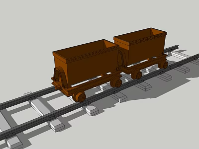 Vintage Brown Mine Carts On Metal Rail Tracks With White Sleepers 3d model