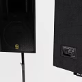 Two Black Speakers Mounted On Tripod Stands For Event Sound Setup
