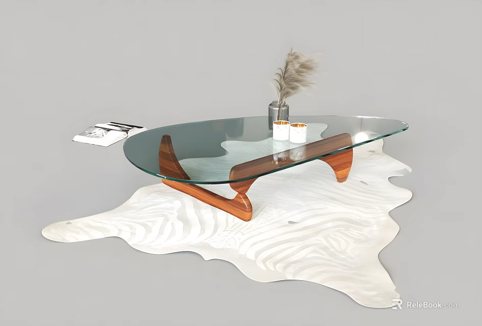 Glass Top Coffee Table With Wooden Legs Feather Vase And Candles On Wavy White Surface 3d model 