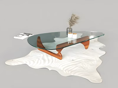 Glass Top Coffee Table With Wooden Legs Feather Vase And Candles On Wavy White Surface 3d model