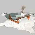 Glass Top Coffee Table With Wooden Legs Feather Vase And Candles On Wavy White Surface