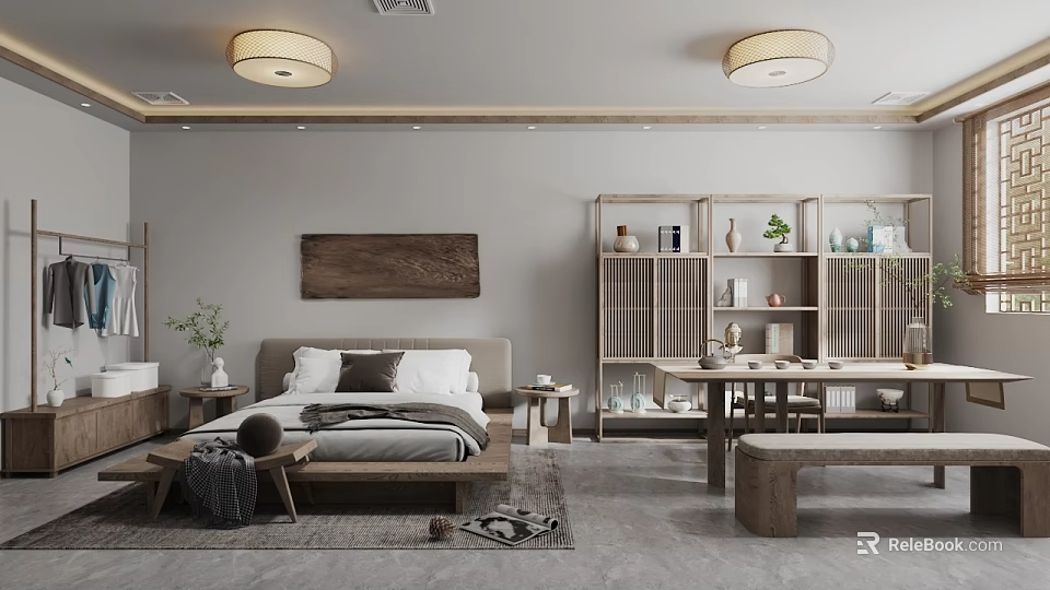 Natural Minimalist Bedroom Interior Design With Wooden Furniture Gray Walls And Round Pendant Lights 3d model 