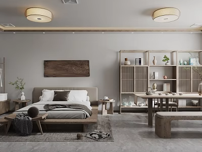 Natural Minimalist Bedroom Interior Design With Wooden Furniture Gray Walls And Round Pendant Lights 3d model
