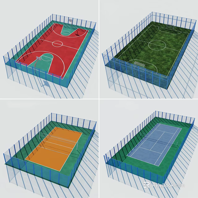Indoor Basketball Court Design With Red Green Surface And Surrounding Fencing 3d model 