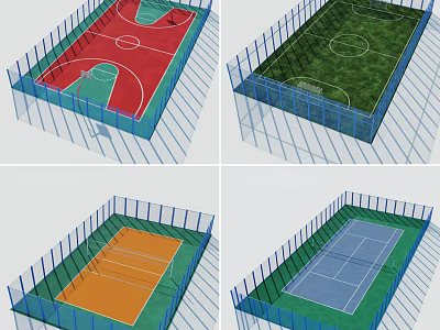 Indoor Basketball Court Design With Red Green Surface And Surrounding Fencing 3d model