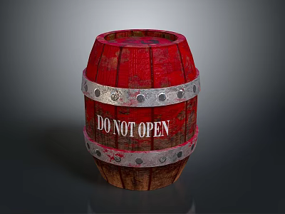 Red Wooden Barrel With Silver Metal Hoops And DO NOT OPEN Sign On Dark Background 3d model