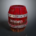 Red Wooden Barrel With Silver Metal Hoops And DO NOT OPEN Sign On Dark Background