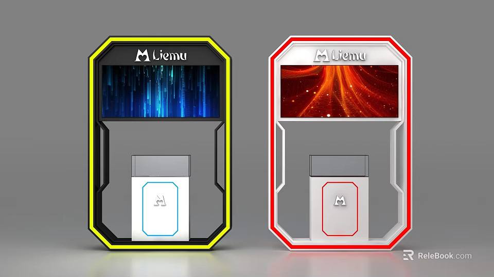 Black And Red Framed Display Shelves With Screens Dynamic Effects Mvenu Logo 3d model 
