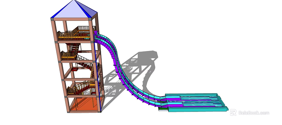 Colorful Multi Level Tower Playground Equipment with Curved Slide Track and Stairs 3d model 