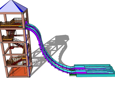 Colorful Multi Level Tower Playground Equipment with Curved Slide Track and Stairs 3d model