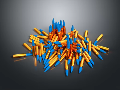 Pile Of Blue And Orange Tip Bullets Scattered On Black Background Surface 3d model