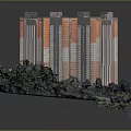 Modern High Rise Residential Buildings With Orange White Facade And Green Vegetation Surrounding