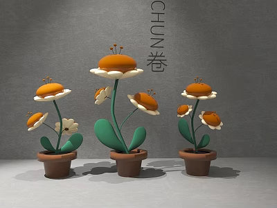 Three Brown Vases With Orange Flowers White Petals And Green Leaves On Gray Background 3d model