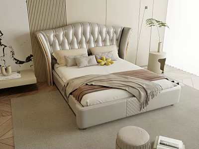 Elegant Modern Double Bed With Silver Tufted Leather Headboard Pillows And Potted Plant 3d model