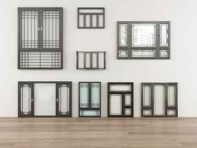 Various Stylish Casement Windows With Black Frames And Glass Designs 3d model