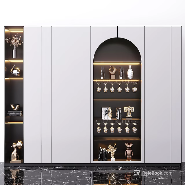 Modern Decorative Cabinet With Illuminated Shelves And Various Decorative Items 3d model 