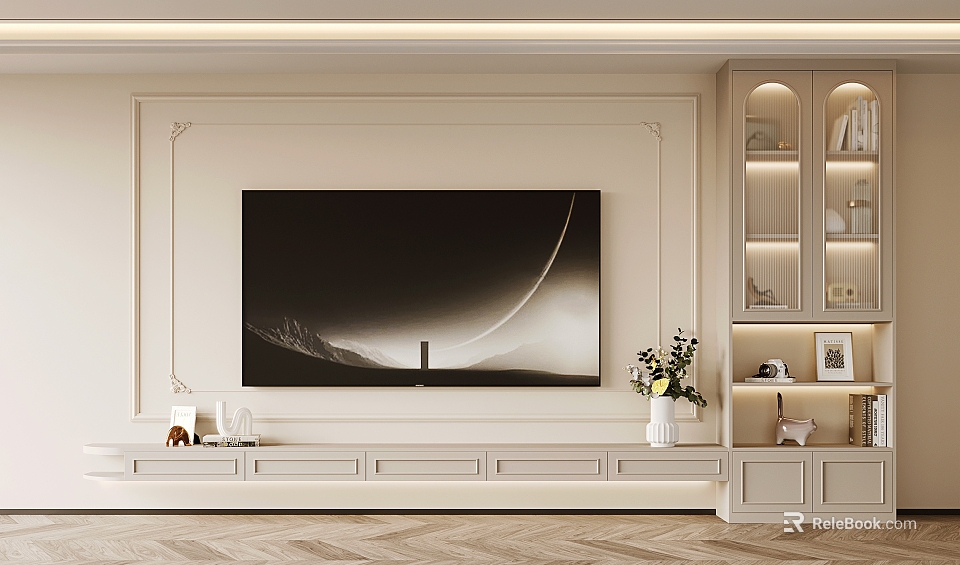 Light Colored TV Wall With Large Black White Artwork Decorative Molding Console Table And Display Shelves 3d model 