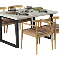 Modern Dining Table Set With Wooden Chairs Metal Frame And Tabletop Plates