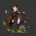 Pink Haired Woman Wearing Armor Carrying Bird Surrounded By Green Leaves And Glowing Green Liquid