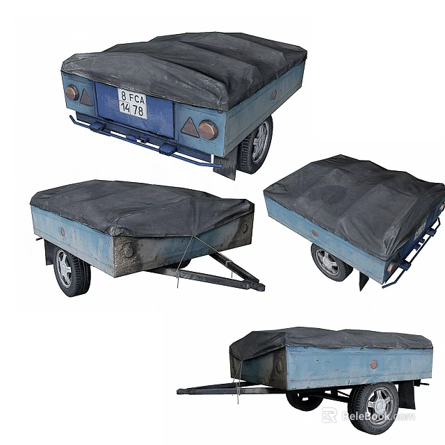 Worn Blue Functional Trailers With Black Covers Shown In Multiple Views 3d model 