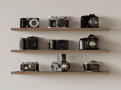 Various Vintage And Modern Digital Cameras Collection Displayed On Wooden Shelves 3d model