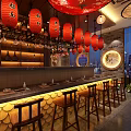 Japanese Restaurant Interior With Red Lanterns Umbrella Decor Bar Counter And Night View