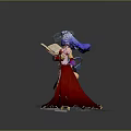 Game Fantasy Character With Blue Purple Hair Red Robe Holding Ancient Book And Magic Orb