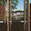 Traditional Courtyard Restaurant With Large Tree Wooden Tables And Green Plants