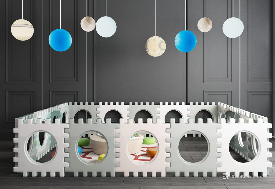 White Modular Kids Playpen With Circular Holes Colorful Mats Dark Gray Walls Hanging Planet Lights 3d model 