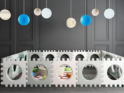 White Modular Kids Playpen With Circular Holes Colorful Mats Dark Gray Walls Hanging Planet Lights 3d model