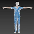 Woman in blue medical scrubs with stethoscope standing arms outstretched on white background
