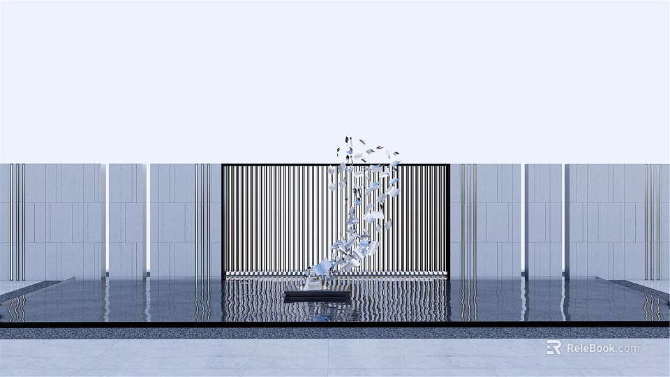 Landscape Sculpture Dynamic Fragmented Glass Pieces Against Striped Wall With Water Pool Base 3d model 