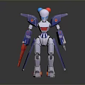 Game And Movie Sci-Fi Robot Character With Blue White Red Armor And Mechanical Arms