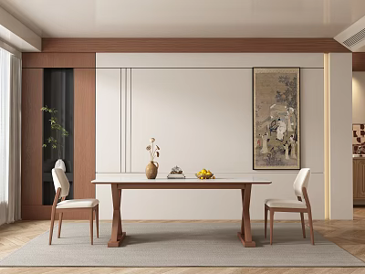 Elegant Restaurant Interior With Wooden Dining Table Chairs Vase Fruits Wall Painting And Green Plant 3d model