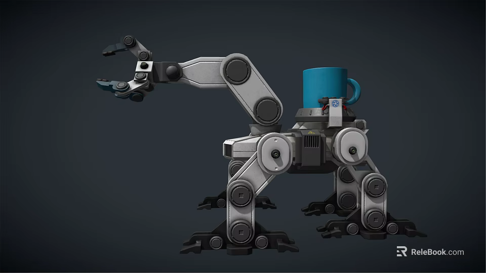 Mechanical Robot With Mechanical Arm Legs And Blue Mug On Top 3d model 