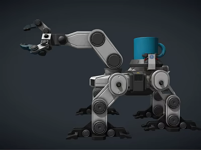Mechanical Robot With Mechanical Arm Legs And Blue Mug On Top 3d model