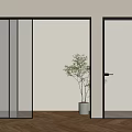 Modern Glass Sliding Doors in Interior with Wooden Floor and Potted Plant