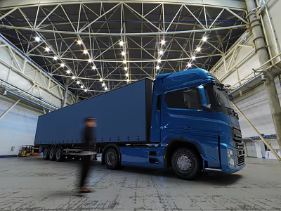 Blue Semi Truck With Curtain Side Trailer In Large Indoor Warehouse Person Walking Nearby 3d model
