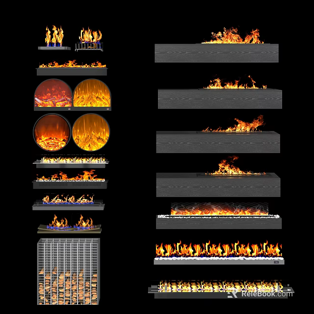 Various Modern Fireplace Designs With Different Burning Flame Styles And Decor Elements 3d model