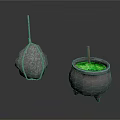 Traditional Household Items Rope Bound Stone Mortar And Black Cauldron With Green Liquid