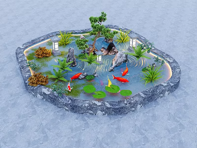 Indoor Landscape Featuring Koi Fish Water Lilies Stones And Green Plants 3d model