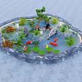 Indoor Landscape Featuring Koi Fish Water Lilies Stones And Green Plants