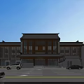 Chinese Traditional Style Hotel Building With Wooden Roof Large Windows Trees and Vehicles in Front
